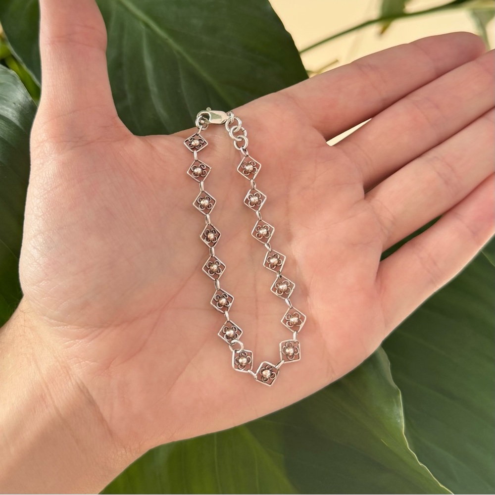 Vintage Estate French Sterling Silver Dainty Filigree Bracelet 6.75”